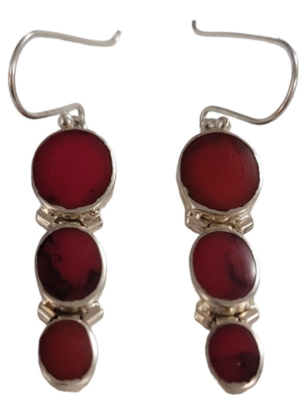 Sterling Silver Inlay Hinged Marbled Red Graduated Oval Dangle Earrings K964